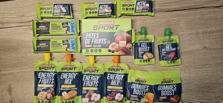 photo des produits andros sports repartis sur une table de cuisine