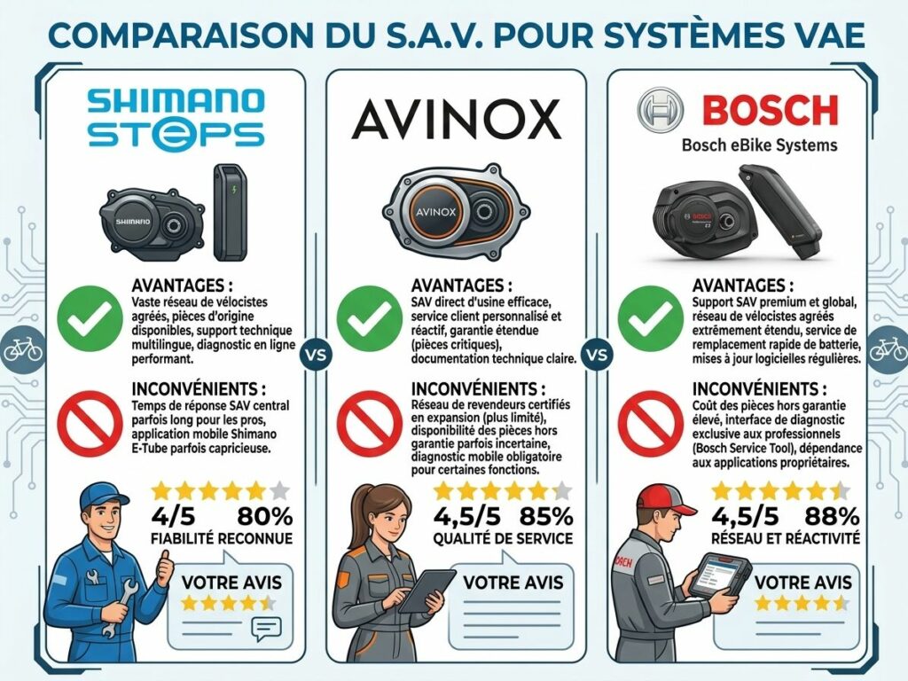 une schema recapitulatif de la qualite des SAV des grandes marques de moteurs de velo electrique